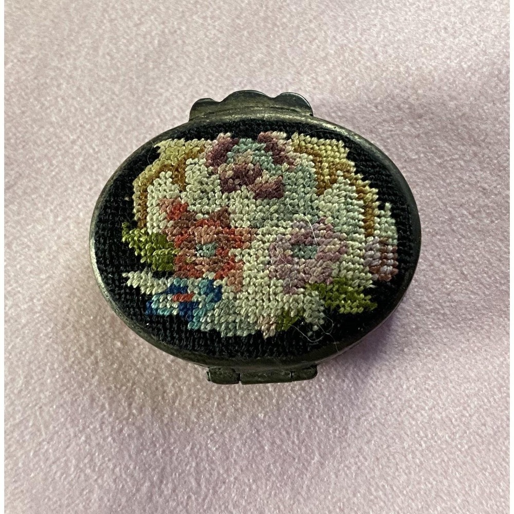 Old Vintage Petit Point Stitch Floral Flower Metal Pill Box